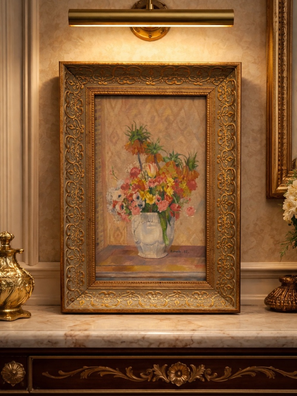 11x18” Still life flowers by Impressionist painter Renoir with gold ornate frame